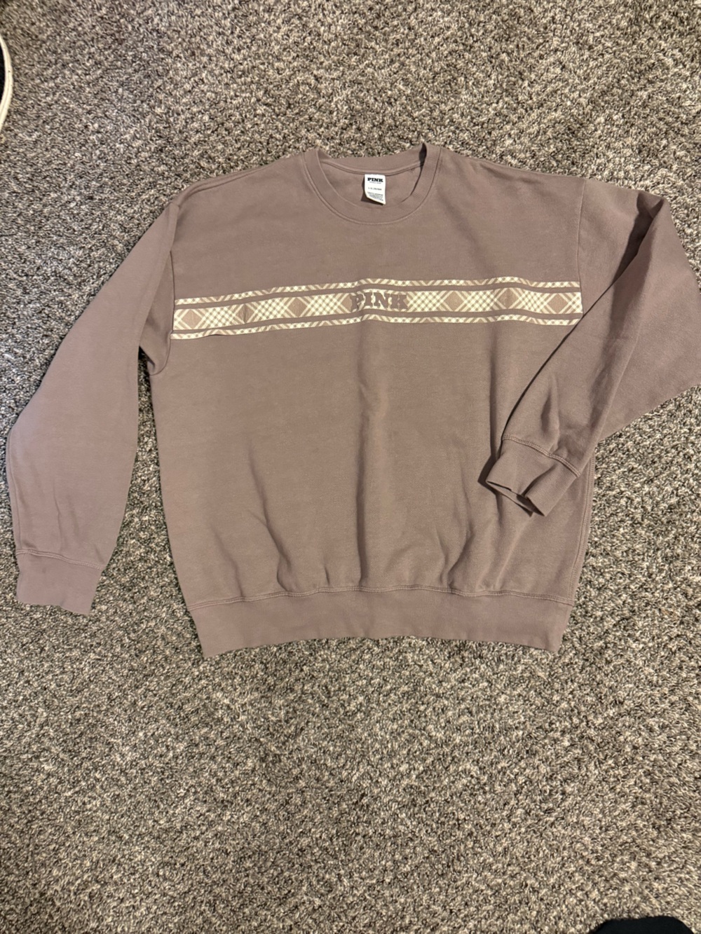 PINK Victoria's Secret Taupe Crewneck Sweater with Cream Stripe